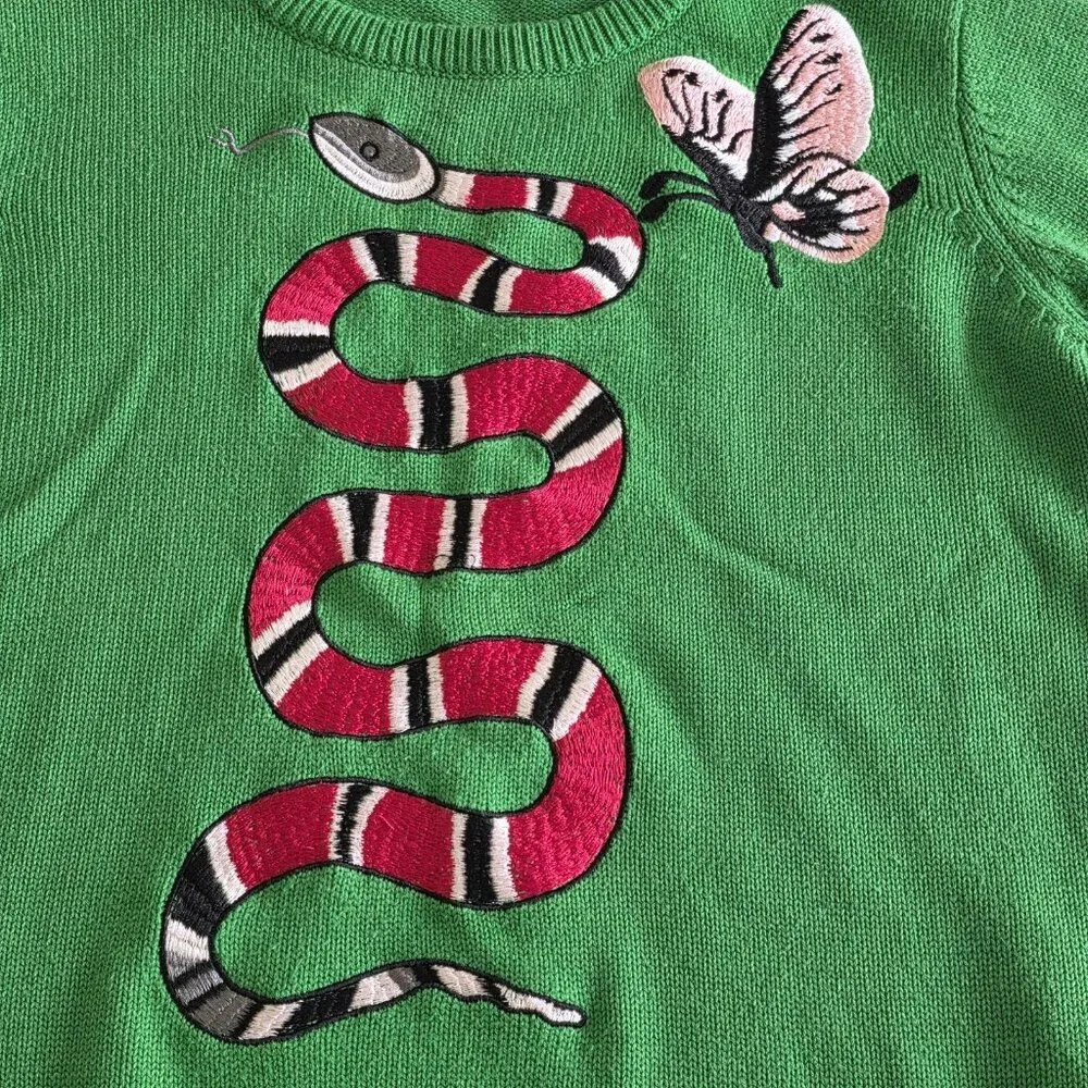 Wengel Cashmere Sweater Womens S Green Snake Butterfly Embroidery LS Preppy Boho